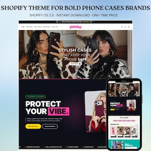 Könnte beinhalten: Ein Shopify-Website-Theme für Handyhüllen-Marken mit einer dunklen Benutzeroberfläche und dem Text "PROTECT YOUR VIBE." Das Layout zeigt Produktfotos von Personen mit Smartphones, Navigationsmenüs und eine mobile Store-Vorschau.