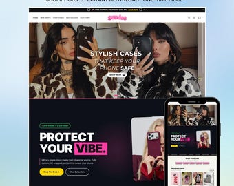 Könnte beinhalten: Ein Shopify-Website-Theme für Handyhüllen-Marken mit einer dunklen Benutzeroberfläche und dem Text "PROTECT YOUR VIBE." Das Layout zeigt Produktfotos von Personen mit Smartphones, Navigationsmenüs und eine mobile Store-Vorschau.
