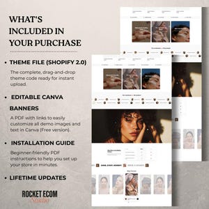 May include: A website design package with the text "WHAT'S INCLUDED IN YOUR PURCHASE". The package includes a theme file, editable Canva banners, an installation guide, and lifetime updates. The design features a clean, modern aesthetic with images of skincare products.