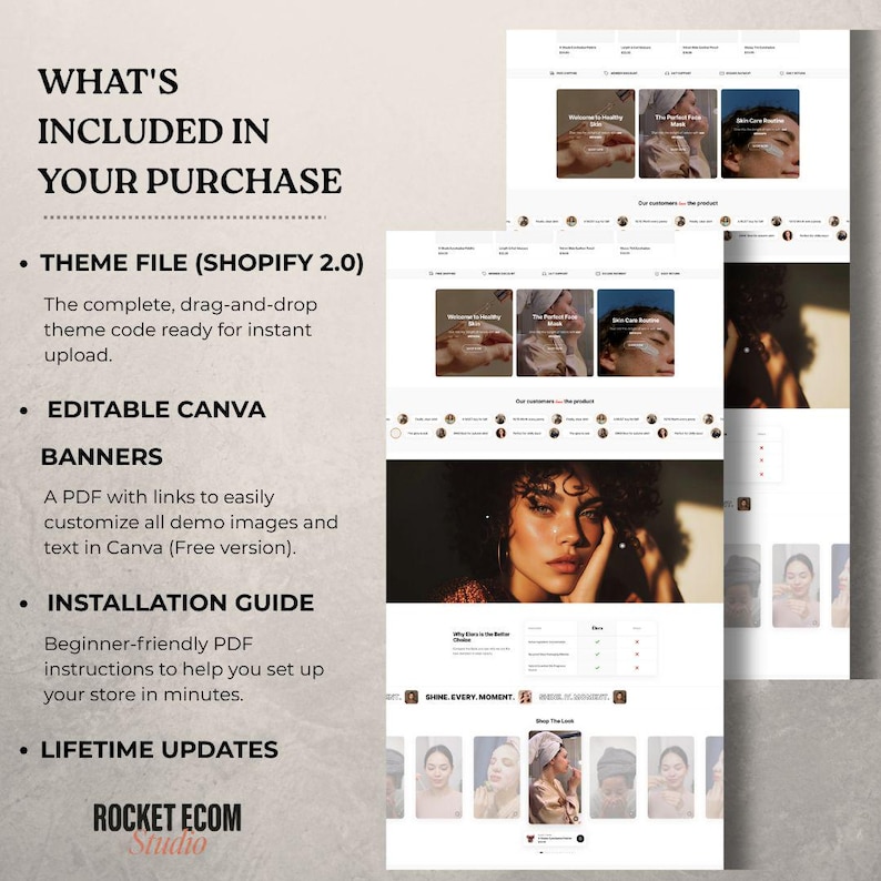 May include: A website design package with the text "WHAT'S INCLUDED IN YOUR PURCHASE". The package includes a theme file, editable Canva banners, an installation guide, and lifetime updates. The design features a clean, modern aesthetic with images of skincare products.