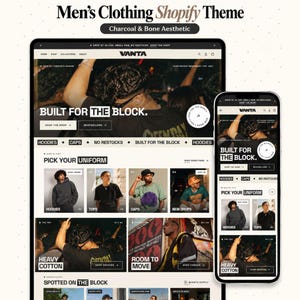 May include: A digital display of a website theme titled Men's Clothing Shopify Theme Charcoal & Bone Aesthetic. The interface features the brand name VANTA, navigation menus, and product categories like hoodies and caps with text overlays.