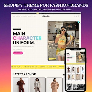 Könnte beinhalten: Eine digitale Vorschau eines Shopify-Themes für Modemarken mit einem Website-Layout, dem Text Main Character Uniform, einem Hauptbild einer Person in einem gelben Oberteil und einer mobilen Anzeige mit einer Rasteransicht von Kleidungsstücken.