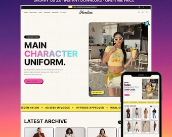May include: A digital preview of a Shopify theme for fashion brands featuring a website layout with the text Main Character Uniform, a hero image of a person in a yellow top, and a mobile phone display showing a grid of clothing items.