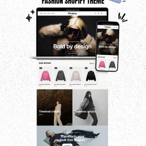 Könnte beinhalten: Eine digitale Darstellung des Riviera Shopify-Themes auf einem Laptop- und Smartphone-Bildschirm. Die Website zeigt ein Heldenbild mit dem Text Bold by design, einen Just arrived-Bereich mit verschiedenen Hoodies und Abschnitte namens Timeless classics.