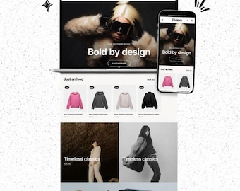 Könnte beinhalten: Eine digitale Darstellung des Riviera Shopify-Themes auf einem Laptop- und Smartphone-Bildschirm. Die Website zeigt ein Heldenbild mit dem Text Bold by design, einen Just arrived-Bereich mit verschiedenen Hoodies und Abschnitte namens Timeless classics.