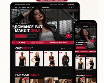 Shopify-Theme für Kleidung | Verona OS 2.0 | Dunkles Shopify-Theme für Kleidung | Shopify-Theme Schwarz-Rot Gothic Korsett Stiefel Minikleider