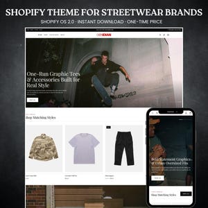 May include: A Shopify theme for streetwear brands displayed on a desktop and mobile interface. The website features a hero image of a skateboarder, a product grid with a camo shirt, a lavender t-shirt, and black joggers, with text overlays.