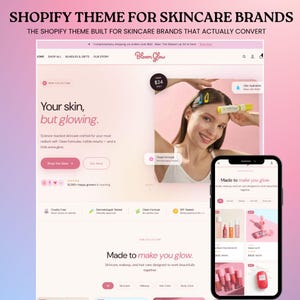 Peut inclure: Une maquette de site web pour les marques de soins de la peau, affichée sur un ordinateur portable et un smartphone. Le site web présente une mise en page moderne avec des images et du texte sur les produits. Le thème est conçu pour convertir les clients.