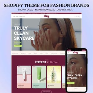 May include: A Shopify theme for fashion brands displayed on a desktop and mobile interface. The website features a maroon and white color scheme with the text "TRULY CLEAN SKYCARE" and "PERFECT Collection" alongside product images of skincare items.