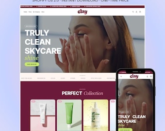 Könnte beinhalten: Ein Shopify-Theme für Modemarken, dargestellt auf einer Desktop- und Mobil-Oberfläche. Die Website zeigt ein Farbschema in Kastanienbraun und Weiß mit dem Text "TRULY CLEAN SKYCARE" und "PERFECT Collection" sowie Produktbilder von Hautpflegeartikeln.
