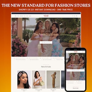 Könnte beinhalten: Ein Website-Design für einen Modeladen, dargestellt auf einem Laptop und einem Smartphone. Die Website zeigt den Text "Vivid" und "The New Softness". Das Smartphone zeigt die mobile Version der Website. Der Hintergrund ist ein Farbverlauf von Orange und Braun.