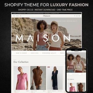 Könnte beinhalten: Ein Website-Design für Luxusmode, das eine klare, moderne Ästhetik zeigt. Das Design zeigt eine Homepage mit zwei Models und eine mobile Ansicht der Website. Der Text "MAISON" ist prominent dargestellt.