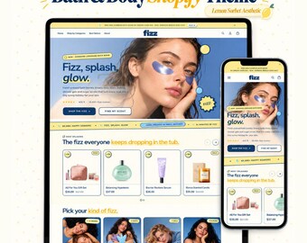 Shopify-Theme für Bad und Körperpflege | Fizz OS 2.0 | Shopify-Theme für Badebomben | Shopify-Theme für gelb-blaues Körperspray | Shopify-Shop-Theme für Duschgel