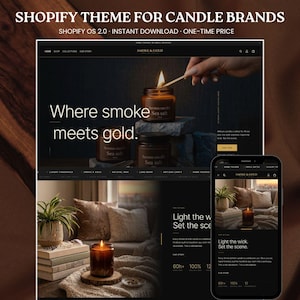 May include: A digital display of a Shopify theme for candle brands featuring a website layout with dark backgrounds, amber glass candle jars, and text including "Where smoke meets gold" and "Light the wick. Set the scene." on a desktop and mobile view.