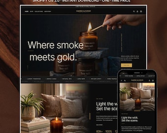 Könnte beinhalten: Eine digitale Darstellung eines Shopify-Themes für Kerzenmarken mit einem Website-Layout mit dunklen Hintergründen, bernsteinfarbenen Kerzengläsern und Texten wie "Where smoke meets gold" und "Light the wick. Set the scene." in Desktop- und Mobilansicht.