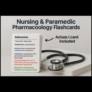 May include: A stack of white flashcards with the title "Nursing & Paramedic Pharmacology Flashcards" and the word "Adenosine" on one card. A black stethoscope rests on a white surface next to the cards. The text "Actual I card included" is also visible.