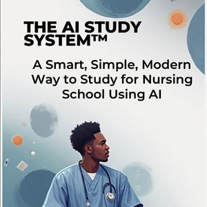 Könnte beinhalten: Illustration zur Werbung für "THE AI STUDY SYSTEM™" für Krankenpflegeschüler. Das Bild zeigt eine männliche Figur in einem blauen Kittel mit Stethoskop, vor einem Hintergrund mit dem Text: "Eine intelligente, einfache, moderne Art, für die Krankenpflegeschule mit KI zu lernen."