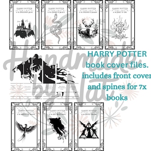 Könnte beinhalten: Eine Sammlung von sieben "Harry Potter" Buchcover-Dateien, einschließlich Vorderseiten und Buchrücken. Jedes Cover zeigt eine Schwarz-Weiß-Illustration mit dem Serientitel und dem Buchtitel.