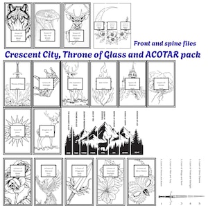 May include: Black and white illustrations of book covers and spines, featuring fantasy themes. Titles include "Crescent City," "Throne of Glass," and "ACOTAR." The image also includes a sword and a mountain range.