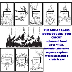 Peut inclure: Illustrations en noir et blanc de couvertures de livres de la série "Throne of Glass", avec des titres tels que "Throne of Glass", "Crown of Midnight" et "The Assassin's Blade". L'image contient le texte : "THRONE OF GLASS BOOK COVERS - FOR CRICUT spine and front cover files."