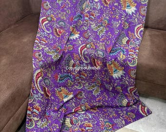 Floral Printed Cotton Quilted Blanket Indian Twin Handmade Bedspread Kantha Work Bohemian Bed Decor Throw Blanket 90X60 inch