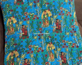 Edredón Kantha floral indio hecho a mano, manta reversible, cubrecama de tela de algodón, edredón boho chic, ropa de cama, cubrecamas, regalo para ella.
