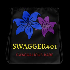 May include: Black drawstring bag featuring two stylized flowers, one blue and one purple. The bag has the text "SWAGGER401" in yellow and "SWAGGALICIOUS BABE" in red, making it a stylish accessory.