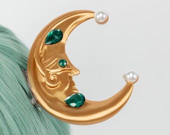 Crescent Moon Hair Clip with Pearls Green Crystals Handmade Fantasy Cosplay Headpiece Flowing Moonlight Style Celestial Costume Accessory