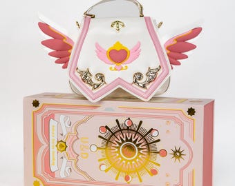 Cardcaptor Sakura Inspired Handbag with Wings Heart Design Handmade Transformable Clow Card Cosplay Accessory Handbag Shoulder Bag for Fans