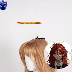 May include: A cosplay prop featuring a golden halo suspended above a mannequin head with long, light brown hair. A circular illustration of a character with red hair and eyes is visible. The Level Up Persona logo is in the upper left.