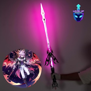 May include: A long, glowing sword with a bright pink light emanating from its blade and hilt. The sword features a dark, ornate guard and a pommel at the base. A circular graphic shows an anime-style character holding a similar weapon.