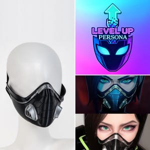 May include: A black and silver face mask with a geometric design, displayed on a mannequin head. The mask has a futuristic aesthetic. The image also includes a "Level Up Persona" logo and two illustrations of a person wearing a similar mask.