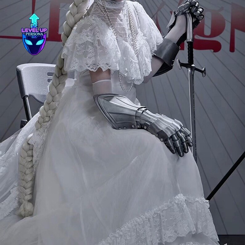 May include: A white dress with lace detailing, paired with silver metal gauntlets and a sword. The image features a long, braided hairstyle and a logo in the upper left corner that says "LEVEL UP PERSONA".