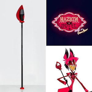Könnte beinhalten: Ein roter und schwarzer Stab mit tropfenförmiger Spitze, schwarzem Stab und roter Basis. Das Bild enthält auch das "Hazbin Hotel"-Logo in rotem Neon und eine Zeichentrickfigur, die einen ähnlichen Stab hält.