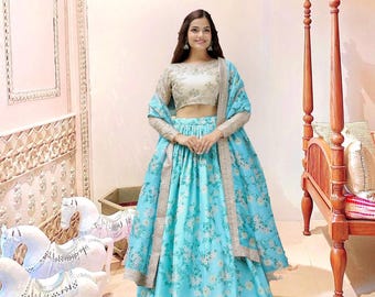 Light Blue Lehenga Choli Indian Bridal Outfit Embroidered Wedding Skirt Set Bollywood Party Wear