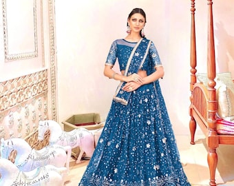 Ocean deep Blue Lehenga Choli Indian Bridal Outfit Embroidered Wedding Skirt Set Bollywood