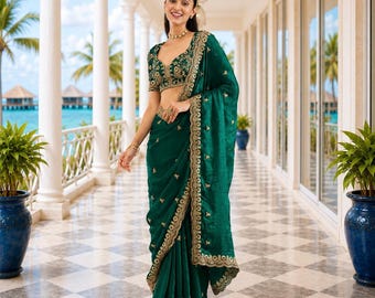 Tenue indienne de créateur pré-drapée verte pour femme | Tenue de soirée sari
