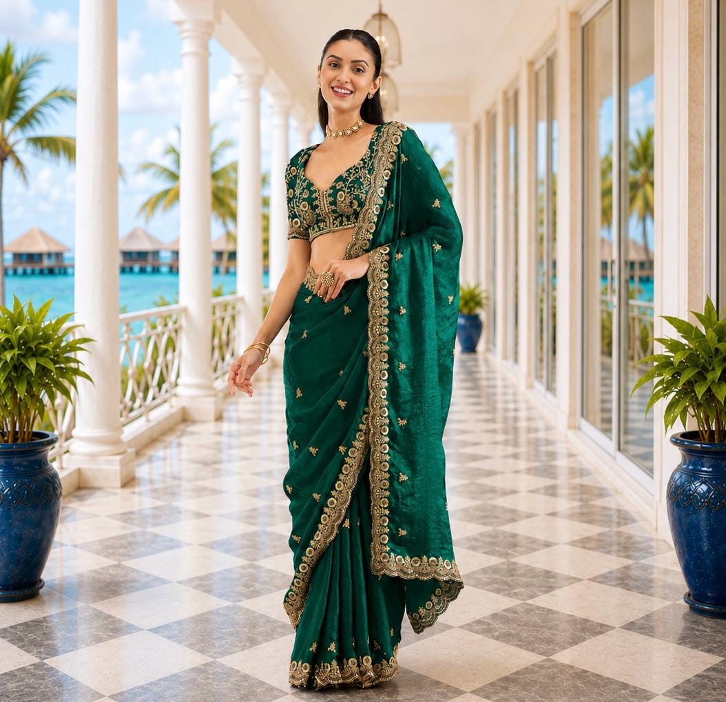 bridesmaid saree dresses Mehendi Green Heavy Sequins Work Bridesmaid Saree with Blouse 36 / Green / Georgette
