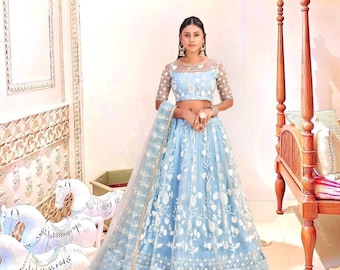 sky blue  lehenga choli for women American Net Lehenga Choli for Weddings – Premium Designs Party