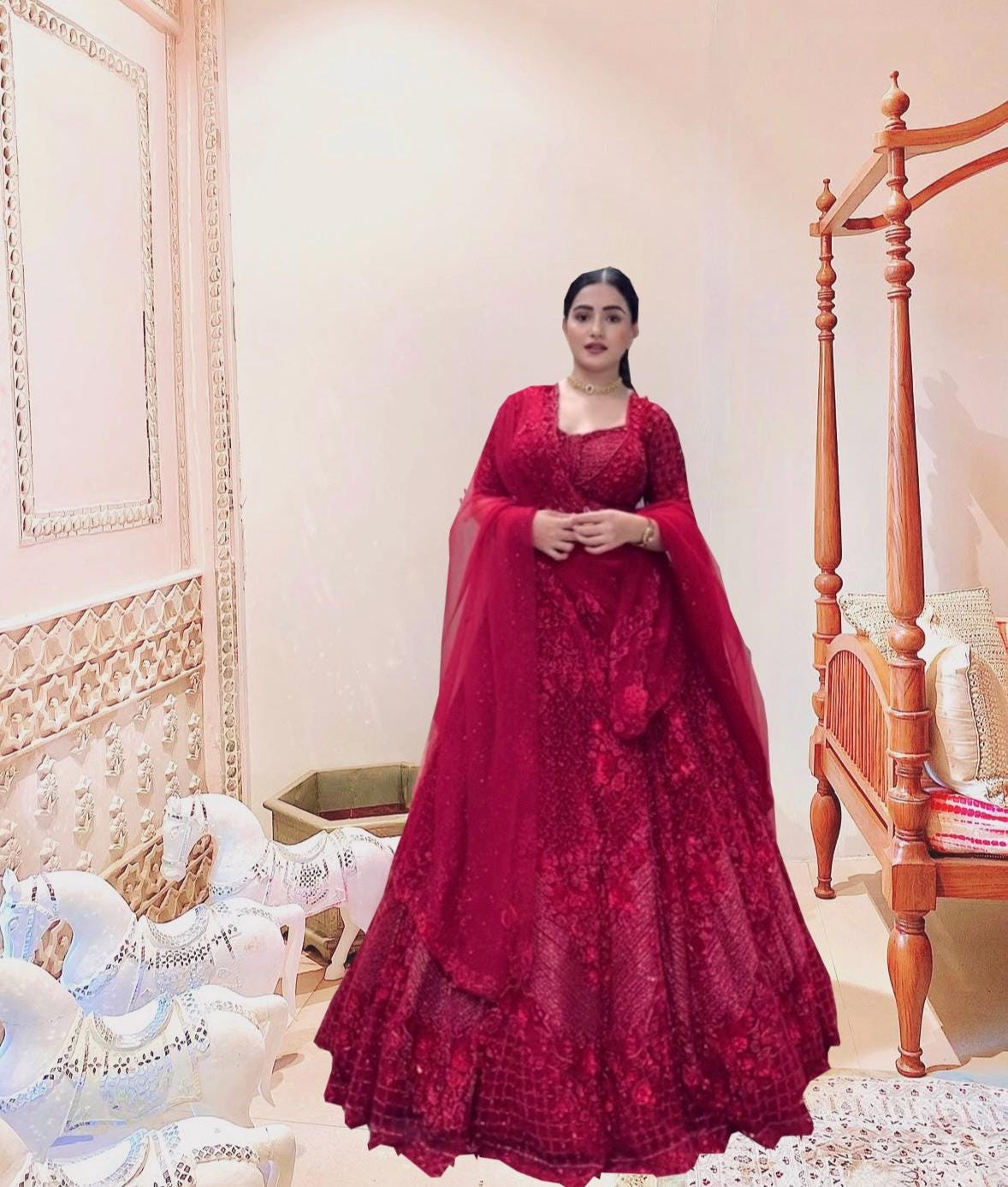 fitted lace wedding dress Silk Organza with zardozi embroidery Coral Red Wedding Lehenga – Panache  Haute Couture main image 0