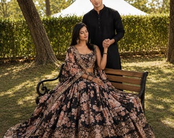 Black Floral Lehenga choli for indian women wedding guest wear partywear chaniya choli for girls