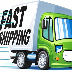 Peut inclure: Un camion de livraison vert de style cartoon avec les mots "FAST SHIPPING" en noir et blanc. Le camion a un visage souriant et des accents bleus, sugg&eacute;rant la rapidit&eacute; et l'efficacit&eacute; des services de livraison.