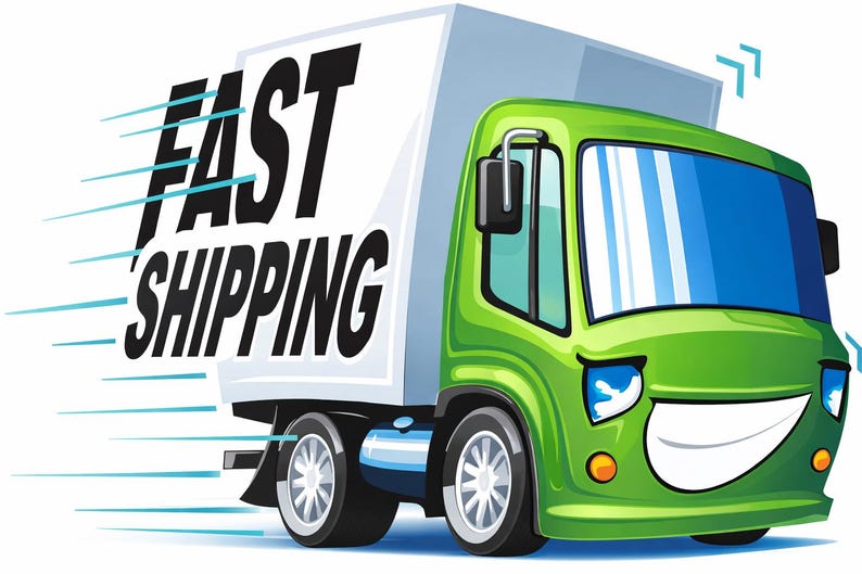 Peut inclure: Un camion de livraison vert de style cartoon avec les mots "FAST SHIPPING" en noir et blanc. Le camion a un visage souriant et des accents bleus, sugg&eacute;rant la rapidit&eacute; et l'efficacit&eacute; des services de livraison.