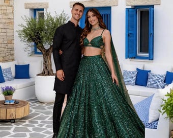 Green Sequin Lehenga Choli Set – Bridal Wedding Outfit, Embroidered Ethnic Party Wear