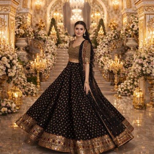 Conjunto de lehenga choli negro: atuendo nupcial para boda: falda y blusa bordadas, ropa étnica para fiestas.