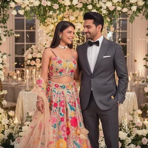 Pode incluir: Um casal posa em frente a um arco floral. A mulher usa um top e uma saia bordados com flores coloridas com um xale transparente. O homem usa um terno cinza escuro com uma gravata borboleta preta. O fundo apresenta flores e velas.