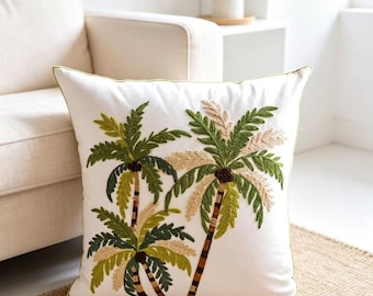 Funda de cojín con palmera bordada a mano / Lienzo de algodón de 45 × 45 cm / Decoración tropical bohemia / Hecha a medida