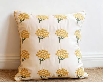 Funda de almohada floral amarilla bordada, funda de almohada decorativa de algodón, funda de cojín estilo cottagecore, decoración rústica, almohada botánica