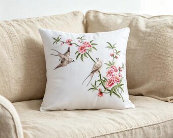 Funda de almohada bordada con pájaros y flores, funda de cojín inspirada en la naturaleza, cojín decorativo botánico, decoración para meditación zen.