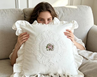 Funda de almohada francesa con volantes bordados, funda de cojín de algodón, funda de cojín floral vintage, decoración cottagecore, sin relleno.